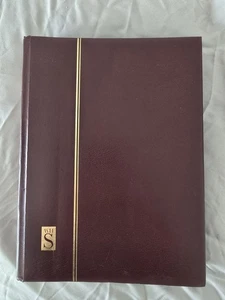 W H Smith Stamp Album Stock Book, Used Very Good Red / Maroon Leather Black Page - Picture 1 of 3