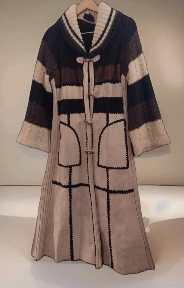VTG 70s Leather Bug Suede Knit Duster Coat Korea Boho Toggle Unisex S - Image 1 of 4