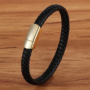Pulsera clásica simple de acero inoxidable para mujer y hombre de cuero trenzado genuino. - Imagen 1 de 14