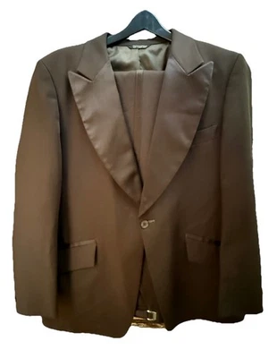 VTG After Six Single Button Satin Shawl Tuxedo Set Brown 40R ~ 33Pants - Image 1 of 4