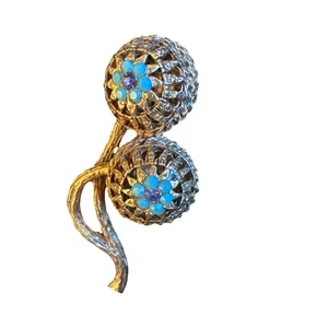 Vintage Florenza Brooch 3D Flowers Gold Tone Faux Turquoise & Purple Signed - Picture 1 of 7