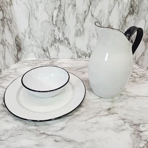 Vintage Porzellan Emaillegeschirr Krug Wasserkrug Schale Teller weiß schwarzer Rand - Bild 1 von 17