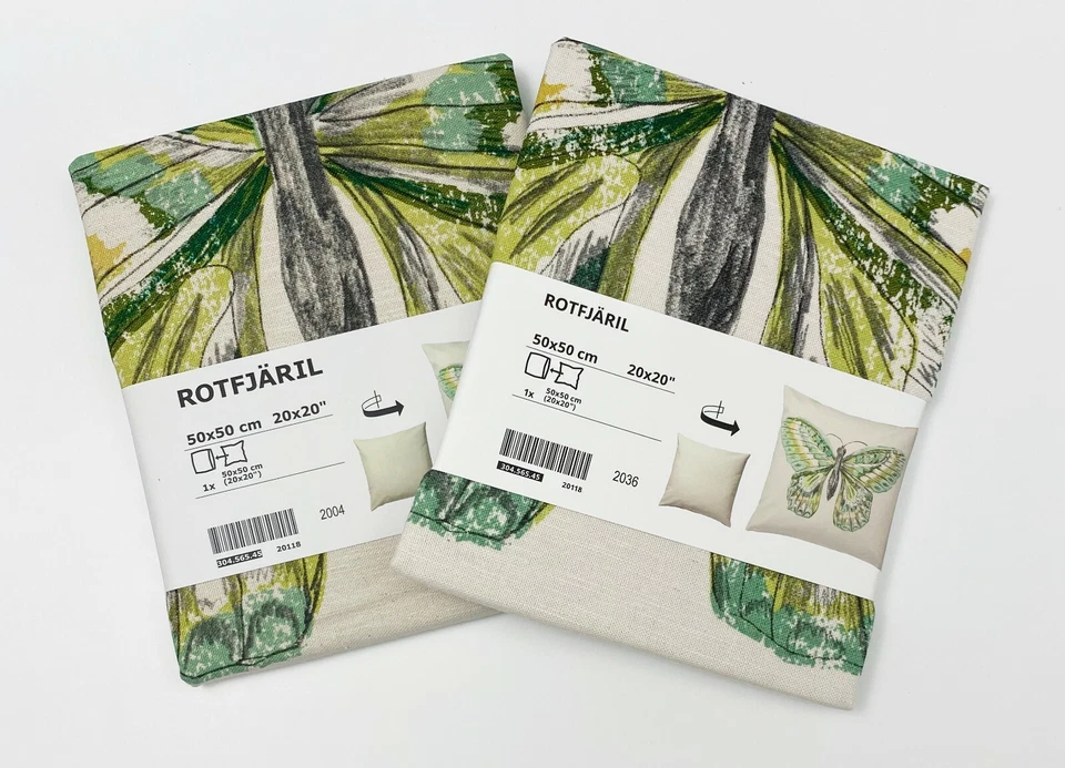 Two IKEA Rotfjaril Cushion Cover 20x20 Butterfly Moth Pillowcase Green Beige Set