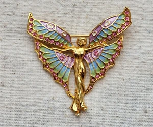 VINTAGE ART NOUVEAU METAL ENAMEL RHINESTONE FAIRY NYMPH BROOCH 2.25" X 2.25" - Picture 1 of 2