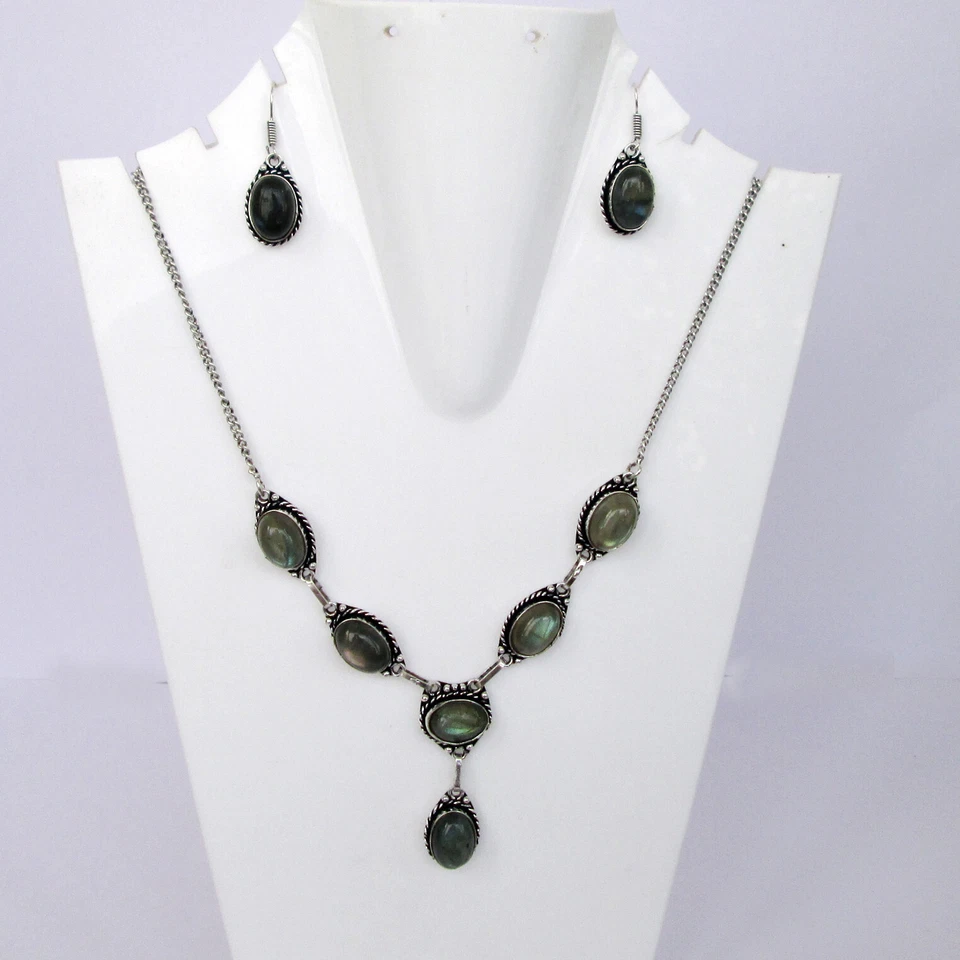 Conjunto de joyas pendientes collar chapado en plata joyería premium labradorita Foto 1 de 4