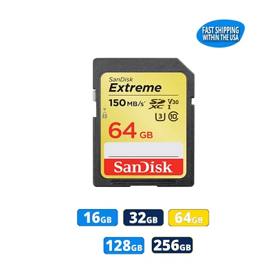 Sandisk Extreme SD Card 16GB 32GB 64GB 128GB 256GB for Canon EOS Rebel Camera - Image 1 of 4
