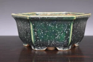 Japanese Bonsai Pot Kyo-ware INO SHUKUHO 6.7"(16.9cm) Green Glazed Hexagon L361 - Picture 1 of 9