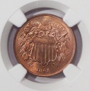 1865 FANCY 5 2c NGC MS 66+ RED ~ LOW POP TWO CENT COPPER - Picture 1 of 6