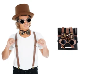 Steampunk Edelpunk Set Zylinder Brille Hosenträger und Fliege - Bild 1 von 1