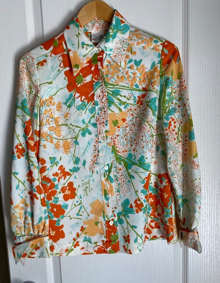 1970's Vera Neumann Floral Print Long Sleeve Button Down Blouse - Medium - Image 1 of 4