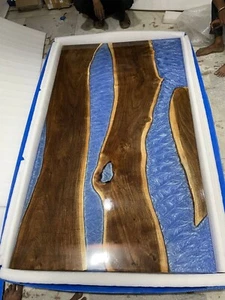 Natural Wood Blue Epoxy Resin Dining Center Table Tops Luxury Home Furniture - Picture 1 of 8