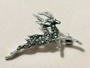 Vtg brooch Deer couple 3D silver tone marcasite pin