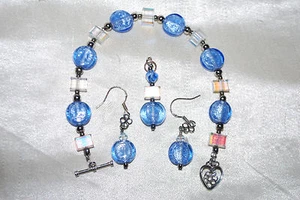 Blue Glass Bead Jewelry Set Earring Pendant Bracelet Sterling Silver Frenchwire  - Picture 1 of 4