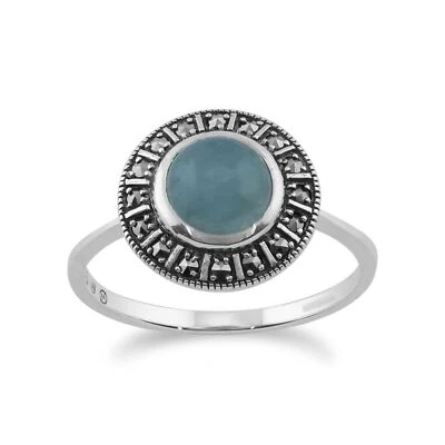 Arte Stile Déco Color Latte Acquamarina E Marcasite Halo Anello IN Argento - Immagine 1 di 4