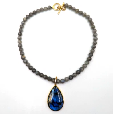 Sterling Silver 925 Vermeil Labradorite Clear Topaz Pendant & Beaded Necklace - Image 1 of 4