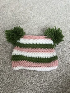 NWOT Handmade Striped Pink and Green Kids Beanie Two Poms size 1-3 years - Picture 1 of 4