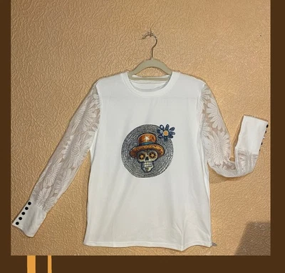Haut dentelle top femme blanc dessins logo tête de mort Mexique  skull flower - Photo 1/4