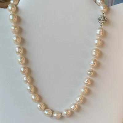 New Vintage Barely Peach Pink Cultured Pearls W/Pave CZ Magnet Close 16 In-10mm - Image 1 of 4
