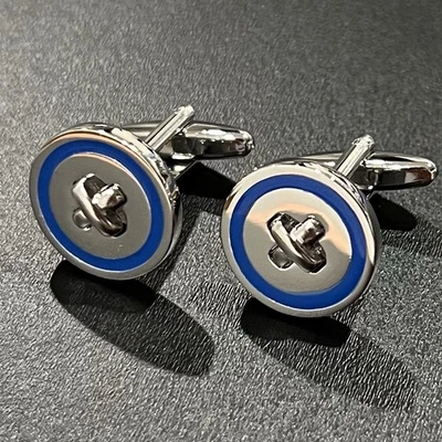 Gemelos con diseño de botones de borde azul para padre hombre cumpleaños boda regalo en caja Foto 1 de 4