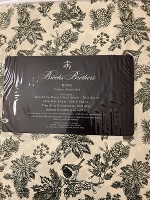 Brooks Brothers 松叶国王床单套装乡村鸟 4 件套棉圣诞节 — 第 1/4 张图片