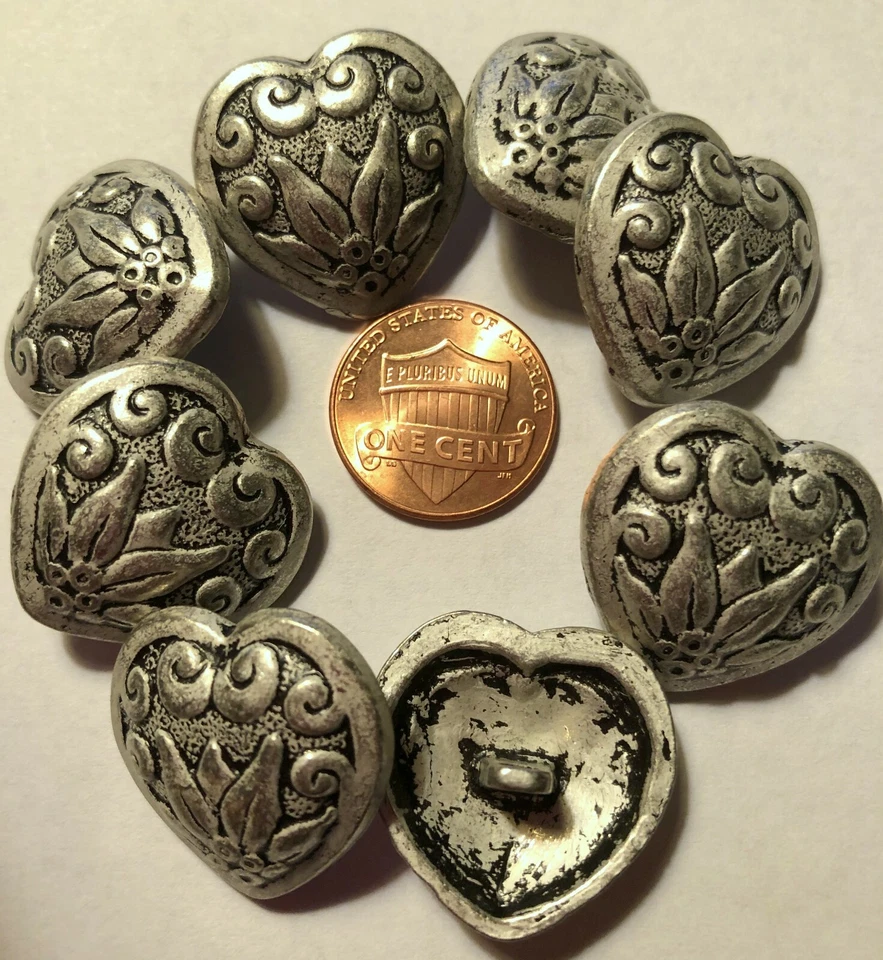 8 Domed Silver Tone Metal Shank Buttons 7/8" 23mm Heart Flower 9524 - Image 1 of 1