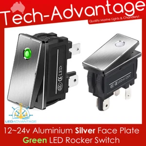 12v 24v Green LED Aluminium Silver Face Plate Compact Rocker Switch Boat/Caravan - Imagen 1 de 10