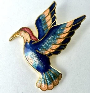 Vintage Cloisonne Hummingbird Brooch Pin Enamel Pink Blue Red Bird Gold Tone - Picture 1 of 11