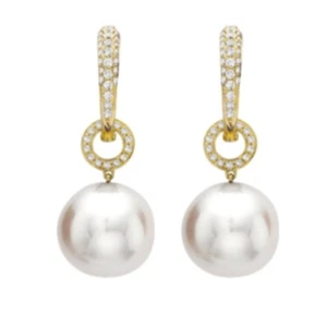 Earrings 14k white yellow or rose gold 6mm cultured pearl diamond drops - Picture 1 of 1