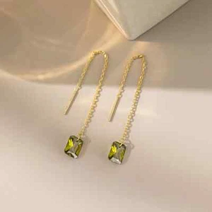Vintage Dainty Olive Peridot 18K Gold Plated 925 Silver Dangle Threader Earrings - Picture 1 of 5