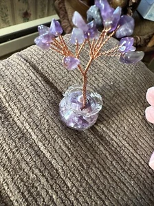Natural Stone Crystal Money Tree Desktop Ornament W/Purple Stones - Picture 1 of 6