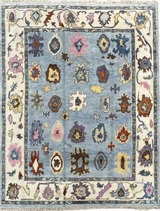 Hand Knotted Oushak Blue Geometric Wool Oriental Area Rug Carpet 9'2" x 10' - Picture 1 of 8
