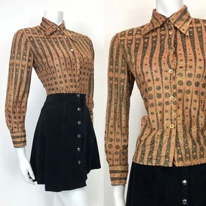 VTG 60s 70s BROWN BLACK GLITTER LUREX STRIPED DOTTY MOD DISCO DAGGER SHIRT 12 - Picture 1 of 6