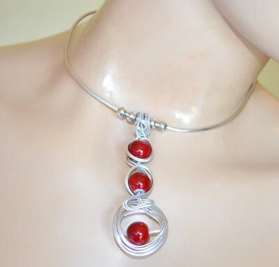 Collana donna pietre rosse argento girocollo ciondolo multi fili alluminio CX69 - Immagine 1 di 2