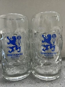 Vintage (2) Lowenbrau München 1 Liter Grübchen deutscher Bierstein schwerer Glaskrug - Bild 1 von 6