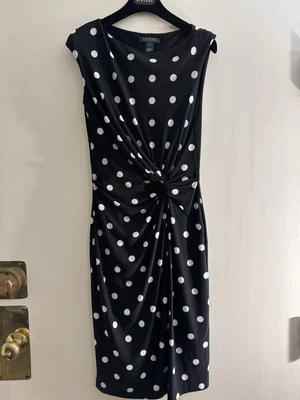 Vestido Lauren Ralph Lauren para mujer 6 negro blanco lunares fruncido hasta la rodilla Foto 1 de 4