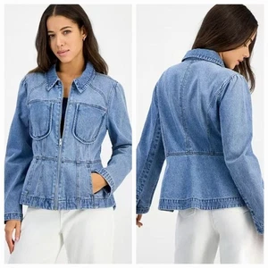 Democracy Cotton Light Blue Small Long Sleeve Zip Front Peplum Hem Denim Jacket - Picture 1 of 9