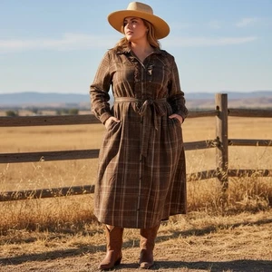 Vtg Silhouettes Women’s 22 Brown Gold Plaid Ruffle Prairie Shirt Dress 70s 80s - Picture 1 of 7