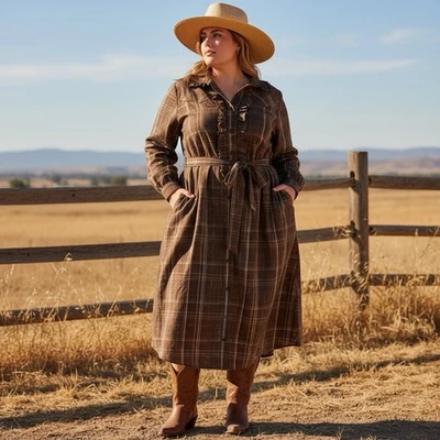 Vtg Silhouettes Women’s 22 Brown Gold Plaid Ruffle Prairie Shirt Dress 70s 80s - Image 1 of 4