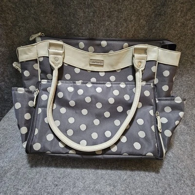 Carters City Tote Large Diaper Bag Gray With Crean Polka Dots with charging pad. - Image 1 of 4