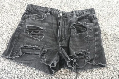 Pantalones Cortos American Eagle Para Mujer 12 Negros Desgastados Denim Rasgado Corte Alto Foto 1 de 4
