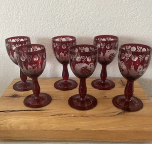 Vintage Egermann Rubinrot Böhmisch Schliff Kristall 6er Set Schnapsgläser Cordial 5" - Bild 1 von 12