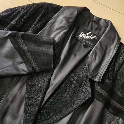 Vintage 80s Winlit Black Leather & Suede Paisley Trench Coat Long Jacket Size 1X - Image 1 of 4