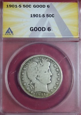 1901-S BARBER HALF DOLLAR ANACS G6 - Image 1 of 4