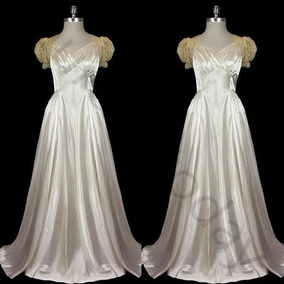 Satin Vintage Wedding Dress Short Sleeve Full Length Ruching Corset Bridal Gown - Image 1 of 4