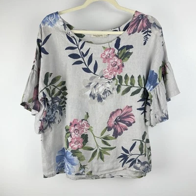 Laura Bianchi Italy 100% Linen Top S Gray Floral Boxy Ruffle Bell Sleeve Boho - Image 1 of 4