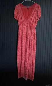 Maxi Vestido Free People Marley S Rojo Estampado Geométrico Brillante Retro Abertura Encaje Boho - Imagen 1 de 21