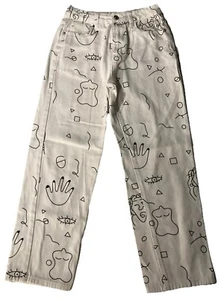 SHEIN High Waisted Graphic 90s Style Geo Print White Denim Jeans Womens Size S - Picture 1 of 11