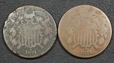 Lot of 2x 1871 Copper Two Cent Pieces 2C (1x Corroded & 1x Scratch) - Image 1 of 3