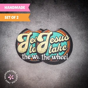 2er Set Jesus Take The Wheel Auto Untersetzer 2,75" - saugfähiges, rutschfestes Neopren - Bild 1 von 8