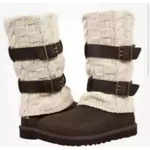 UGG Australia Cassidee Tall Winter Boots Womens Size 9 Brown Leather Knit - Picture 1 of 10